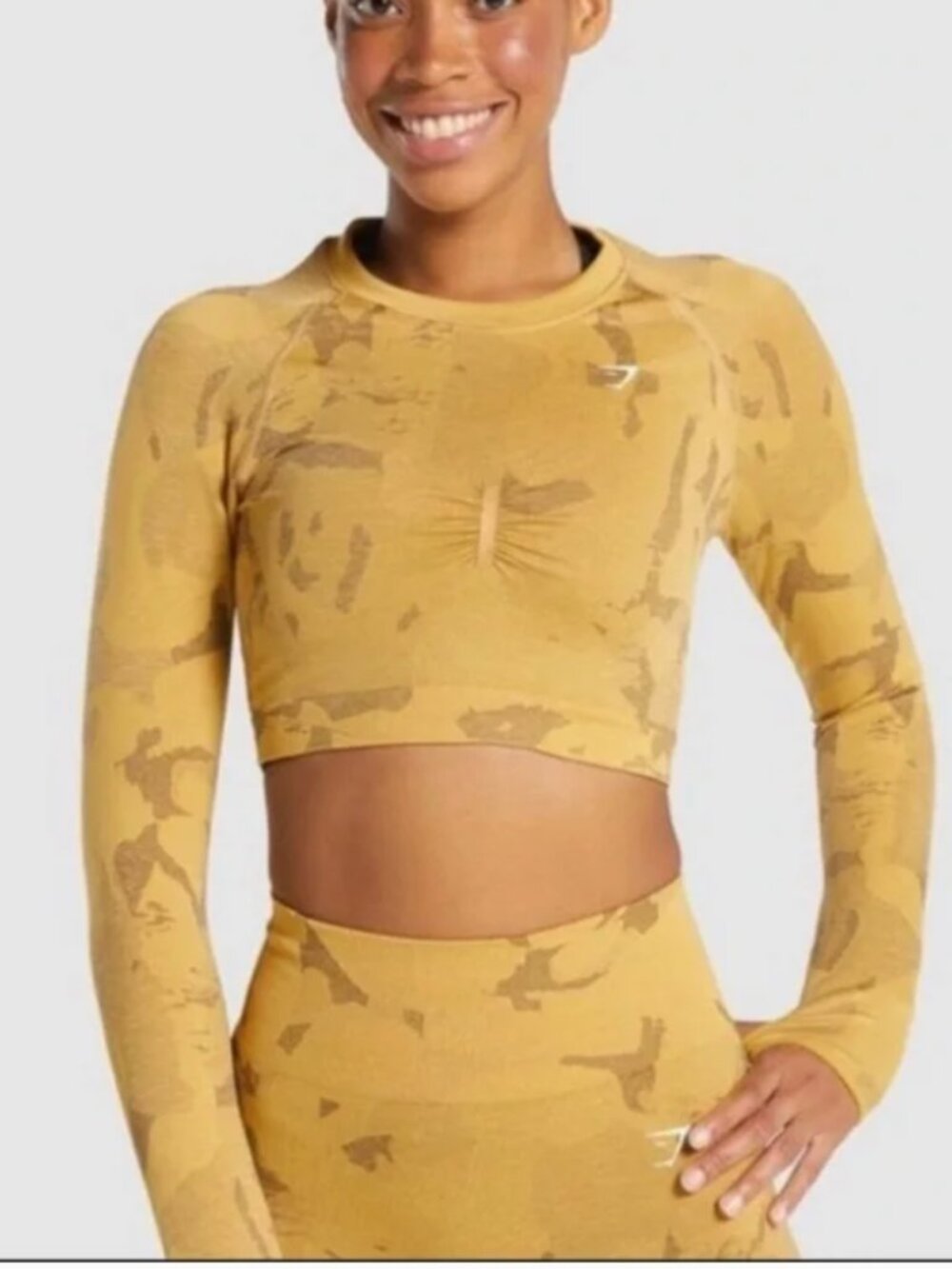 Gymshark Adapt Yellow Camo Savanna Seamless Long Sleeve Cropped Top size M